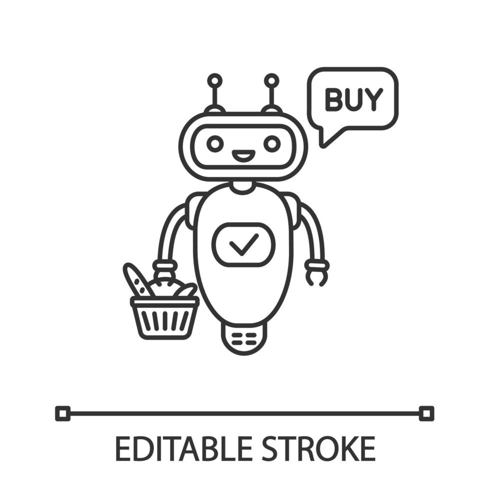 Online customer service chatbot linear icon. Thin line illustration. Talkbot with grocery basket says buy. Virtual shopping assistant. Contour symbol. Vector isolated outline drawing. Editable stroke