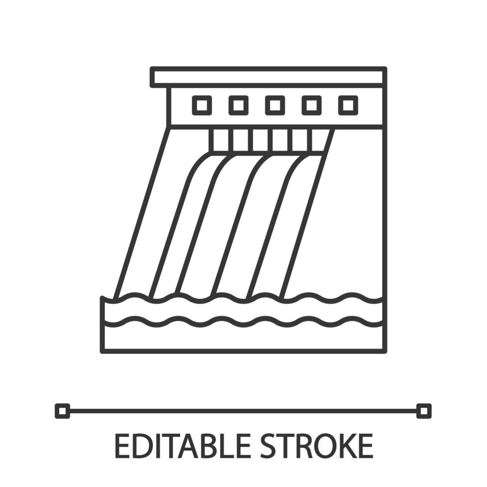 Hydroelectric dam linear icon. Water energy plant. Thin line illustration. Hydropower. Hydroelectricity. Contour symbol. Vector isolated outline drawing. Editable stroke