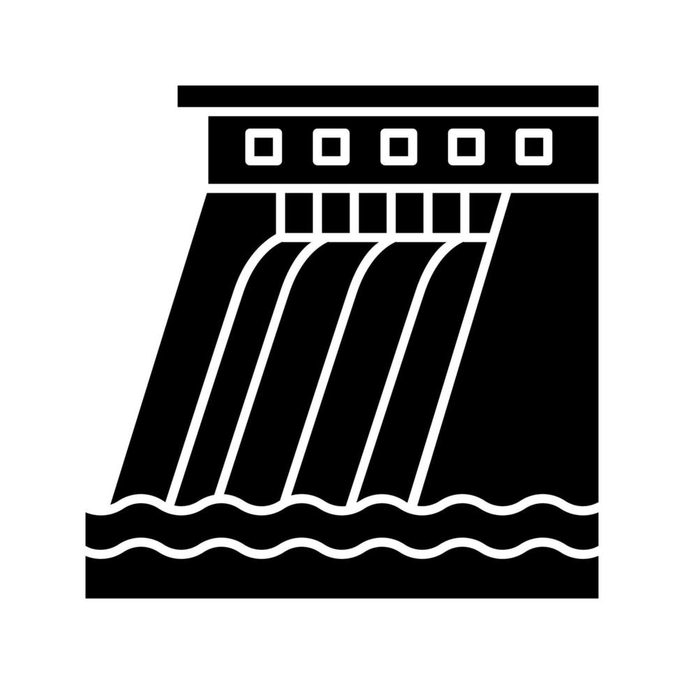 Icono de glifo de presa hidroeléctrica. símbolo de silueta. Planta de energía hidráulica. energía hidroeléctrica. hidroelectricidad. espacio negativo. vector ilustración aislada