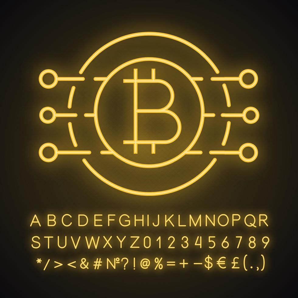 Bitcoin neon light icon. Virtual currency. Online banking. Bitcoin payment. Microchip pathways with coin inside. Glowing sign with alphabet, numbers and symbols. Vector isolated illustration
