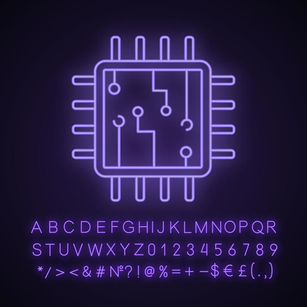 Computer chip neon light icon. Processor. Memory card. Central processing unit. Artificial intelligence. Glowing sign with alphabet, numbers and symbols. Vector isolated illustration