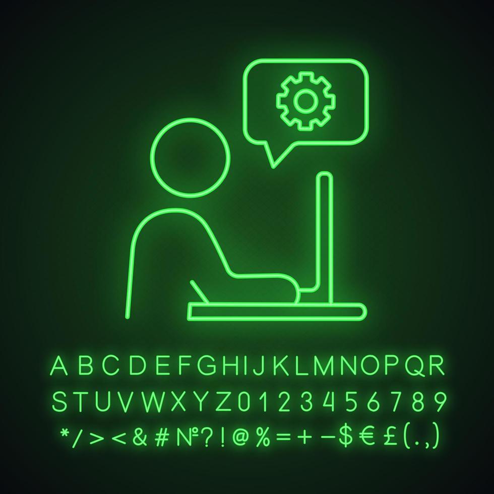 Technical support chat neon light icon. Site administrator. Online support. Glowing sign with alphabet, numbers and symbols. Online settings. Vector isolated illustration