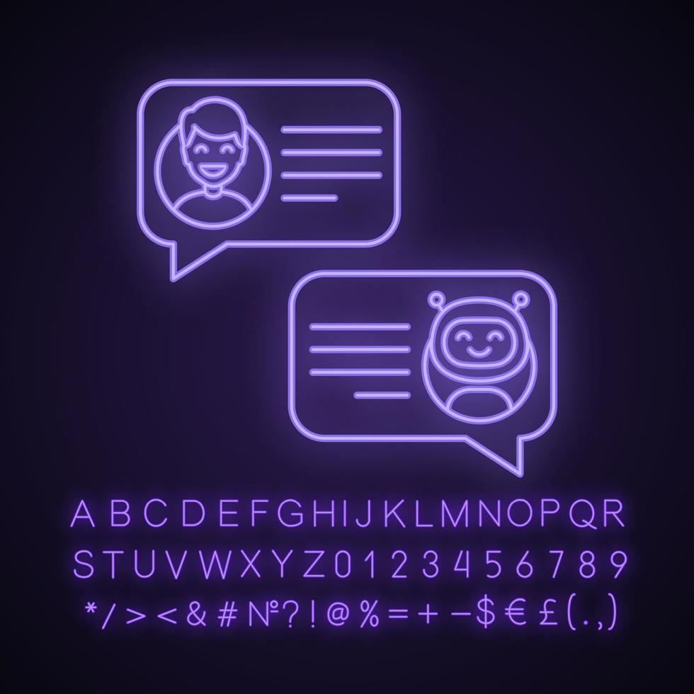 Support chatbot neon light icon. Talkbot. Virtual assistant. Chat bot. Modern robot. Man chatting with messenger bot. Glowing sign with alphabet, numbers and symbols. Vector isolated illustration