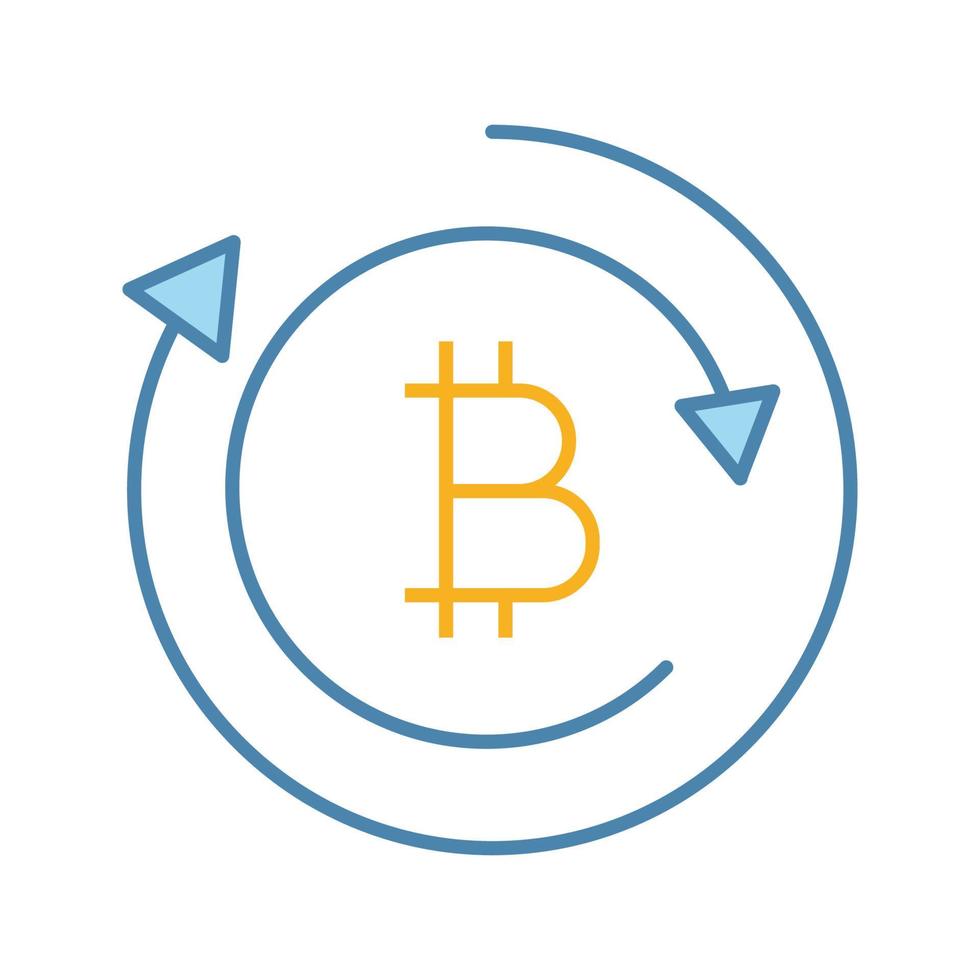 Bitcoin exchange color icon. Digital currency transaction. Cryptocurrency mining. Bitcoin coin with arrows. Isolated vector illustration