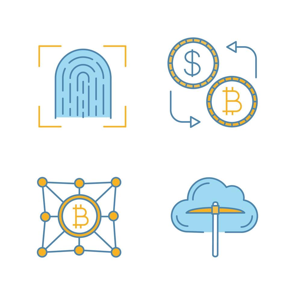 Bitcoin cryptocurrency color icons set. Fingerprint scanning, cloud mining, currency exchange, bitcoin network. Isolated vector illustrations