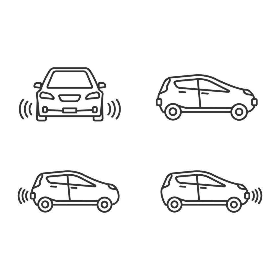 Smart cars linear icons set. NFC autos. Intelligent vehicles. Self driving automobiles. Autonomous cars. Driverless vehicles. Thin line symbols. Isolated vector outline illustrations. Editable stroke