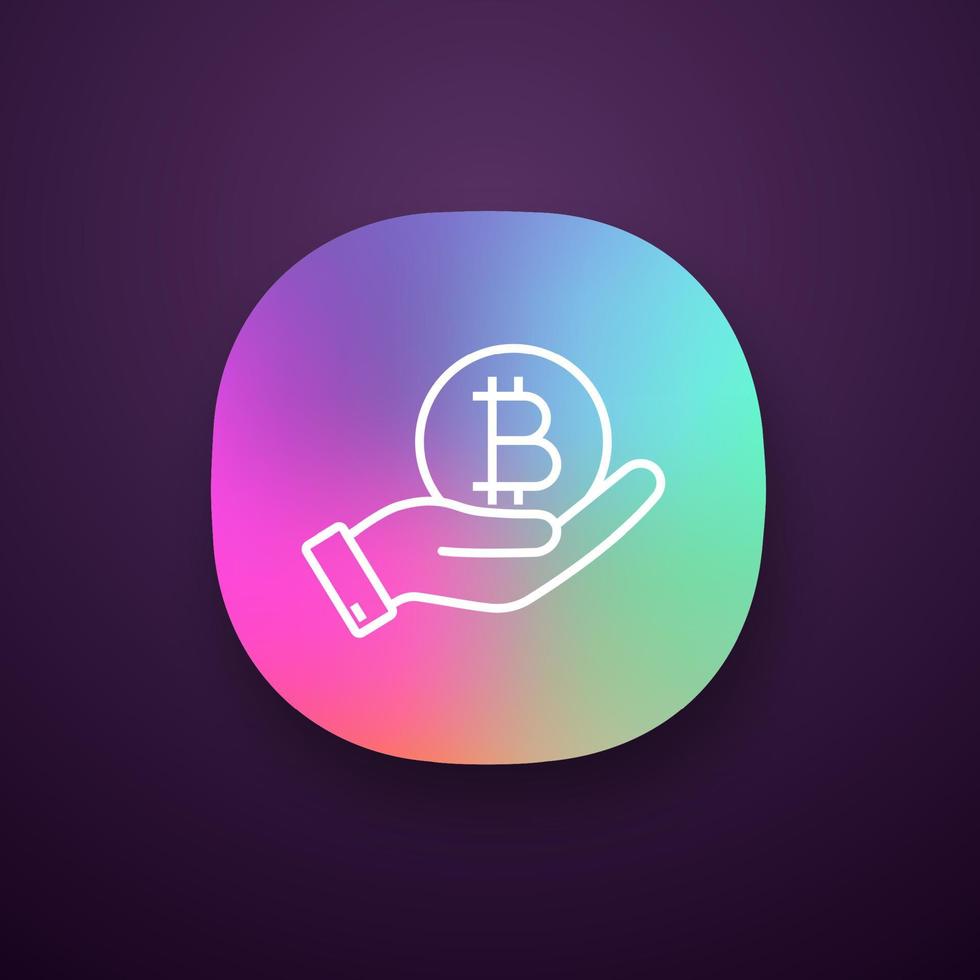 Open hand with bitcoin coin app icon. UI UX user interface. Buying or selling bitcoin. Cryptocurrency. Web or mobile application. Vector isolated illustration