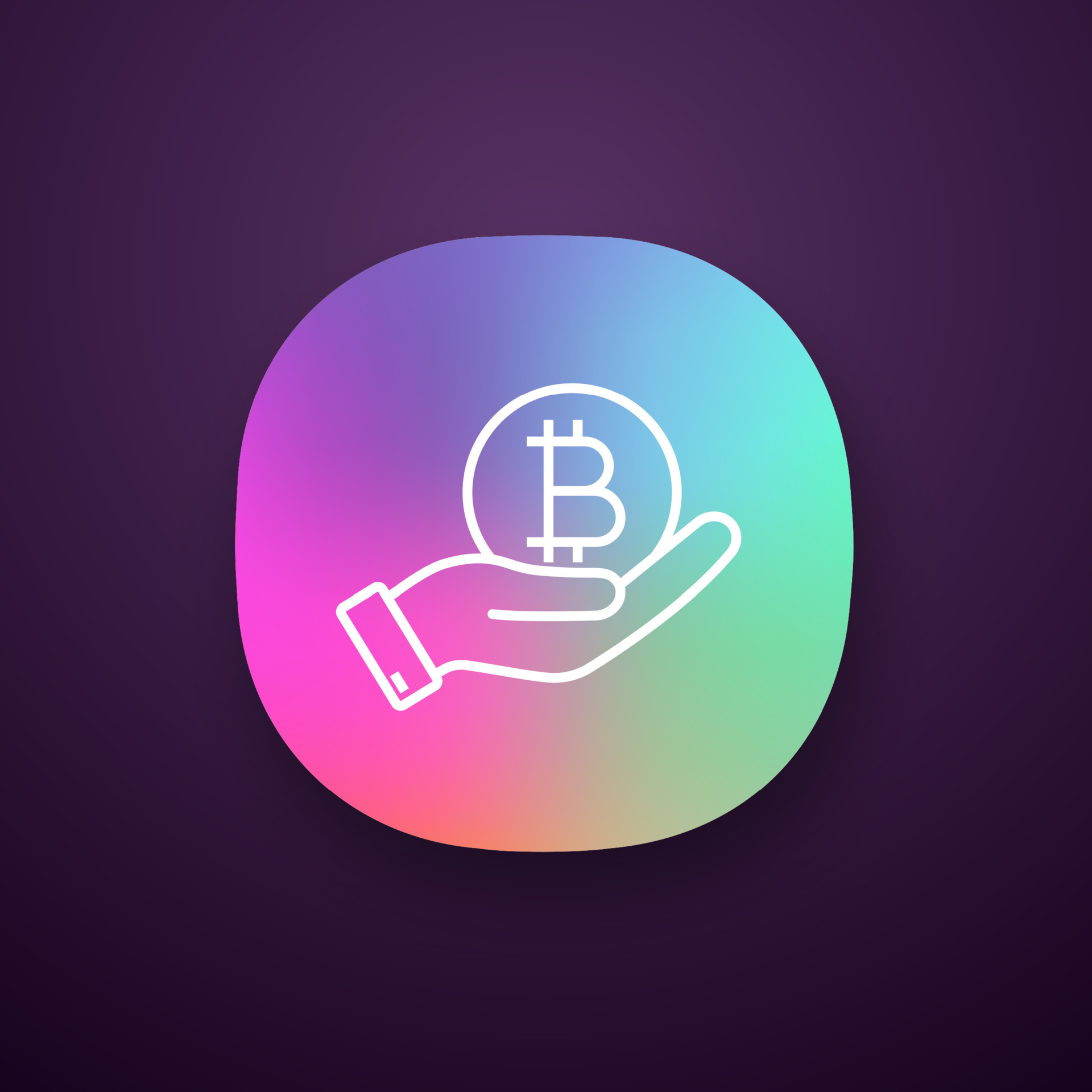 Open hand with bitcoin coin app icon. UI UX user interface. Buying or