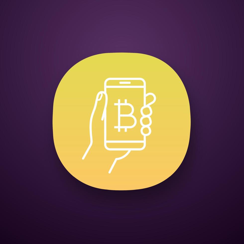 Bitcoin digital wallet app icon. E-payment. Cryptocurrency. UI UX interface. Hand holding smartphone with bitcoin sign. Digital money transaction app. Web application. Vector isolated illustration