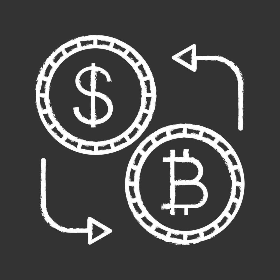 Bitcoin and dollar currency exchange chalk icon. Cryptocurrency. Refund. Isolated vector chalkboard illustration