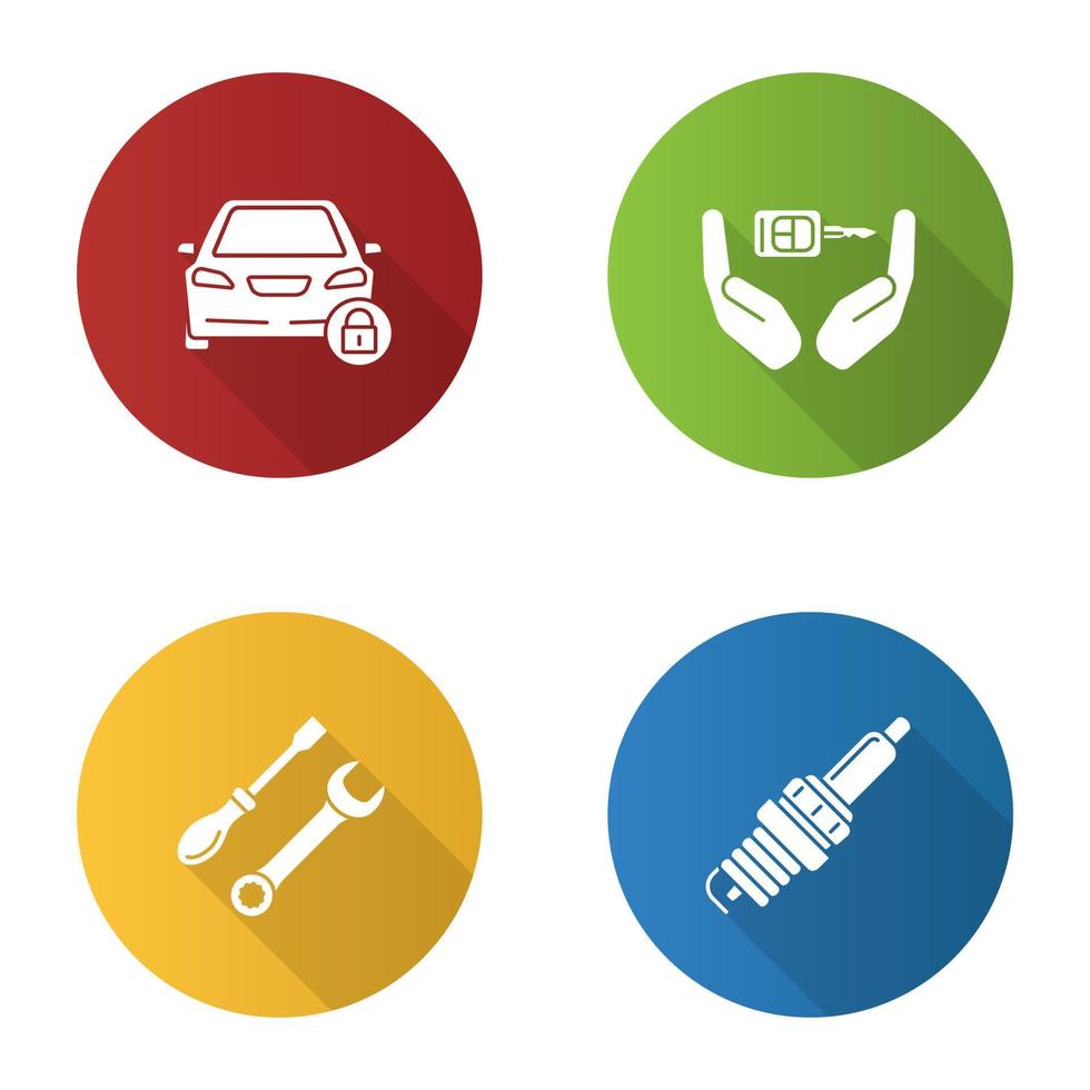 Auto workshop flat design long shadow glyph icons set. Locked car, key in hands, screwdriver and spanner, spark plug. Vector silhouette illustration
