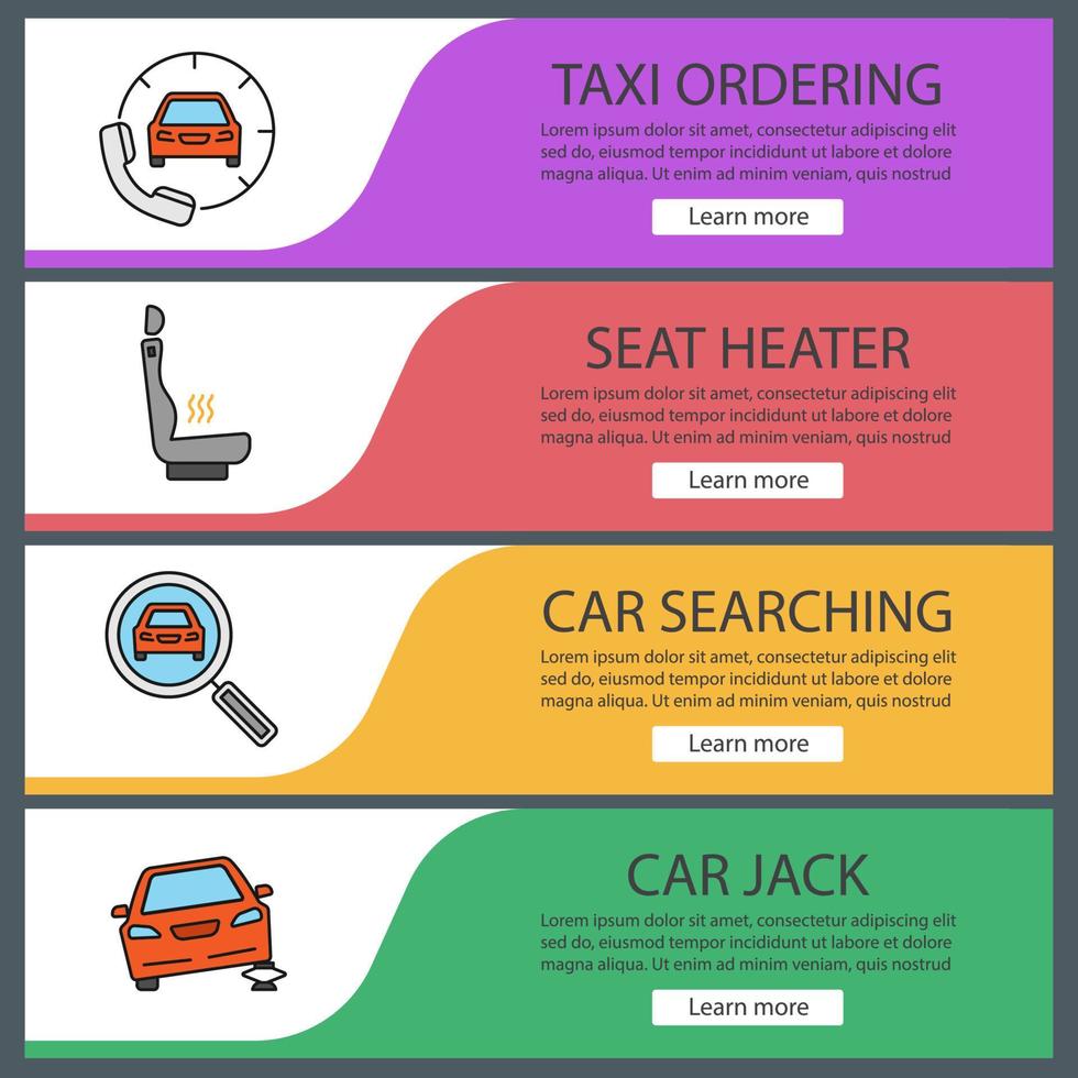 Auto workshop web banner templates set. Taxi ordering, seat heater, car searching, repair jack. Website color menu items. Vector headers design concepts