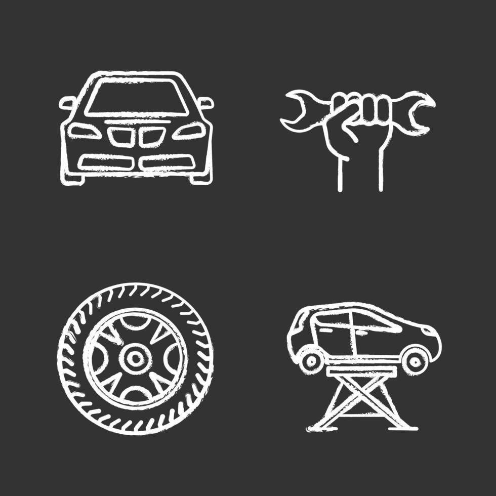 Auto workshop chalk icons set. Car, wrench in hand, car rim and tire, auto repair jack. Isolated vector chalkboard illustrations