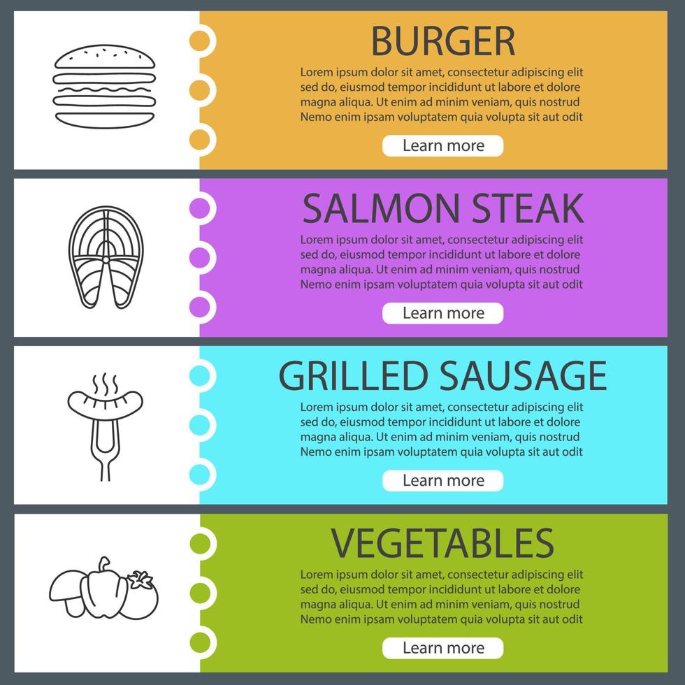 Barbecue web banner templates set. BBQ. Burger, salmon fish steak, grilled sausage, vegetables. Website color menu items with linear icons. Vector headers design concepts