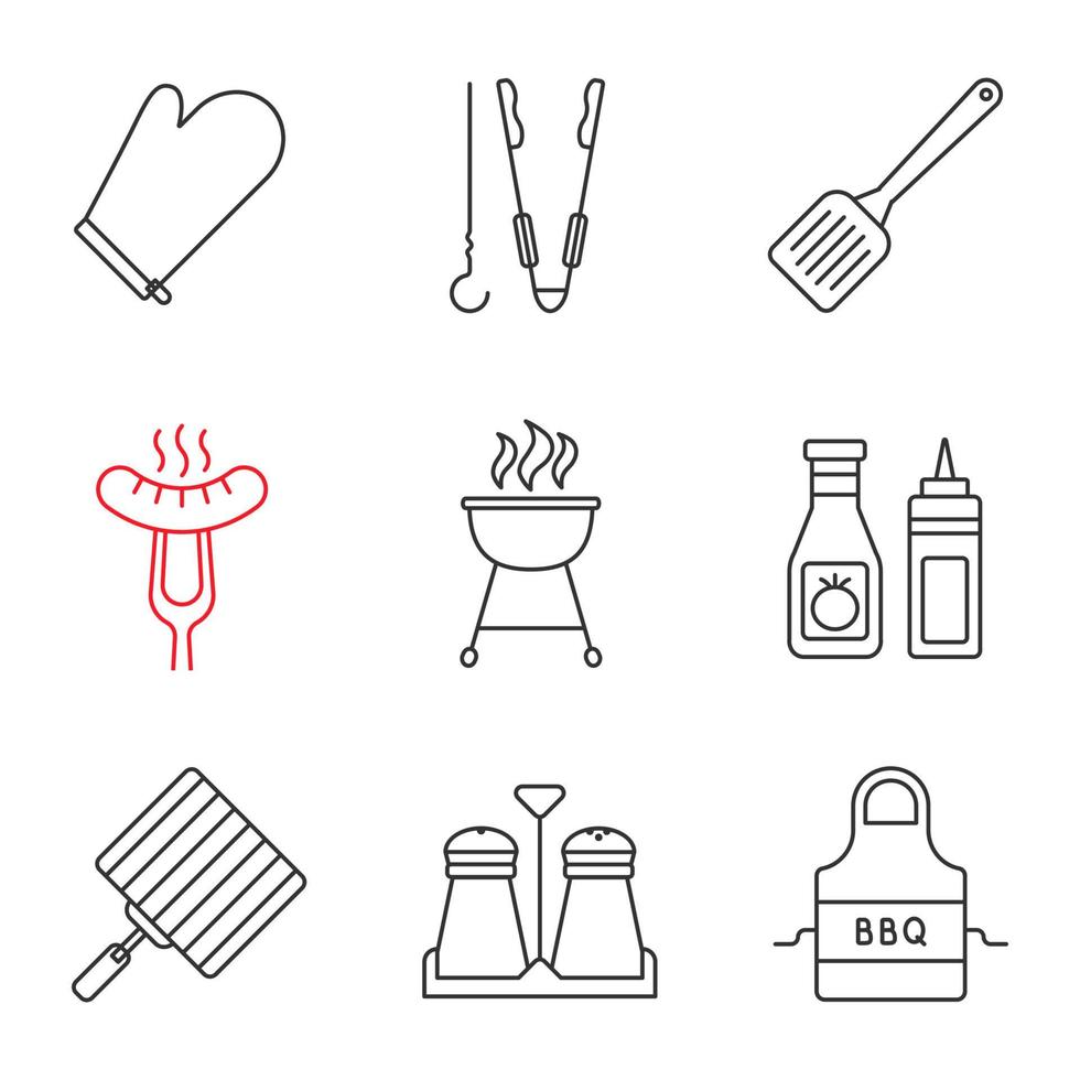 Barbecue linear icons set. BBQ. Oven mitt, skewer and tongs, spatula, grilled sausage, grills, ketchup and mustard, apron. Thin line contour symbols. Isolated vector outline illustrations