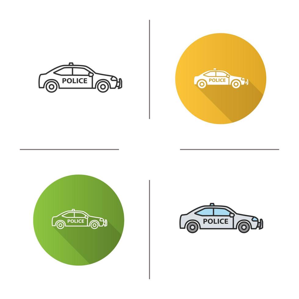 Police car icon. Flat design, linear and color styles. Isolated vector illustrations