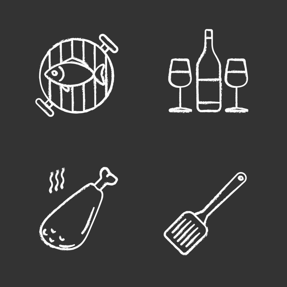 conjunto de iconos de tiza de barbacoa. Pescado a la plancha, espátula de cocina, muslo de pollo, botella de vino con vasos. ilustraciones de pizarra vector aislado