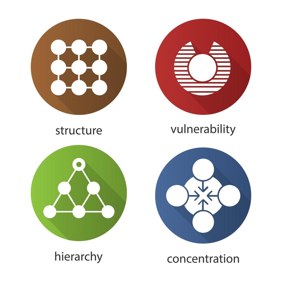 Abstract symbols flat design long shadow icons set. Structure, vulnerability, hierarchy, concentration concepts. Vector silhouette illustration