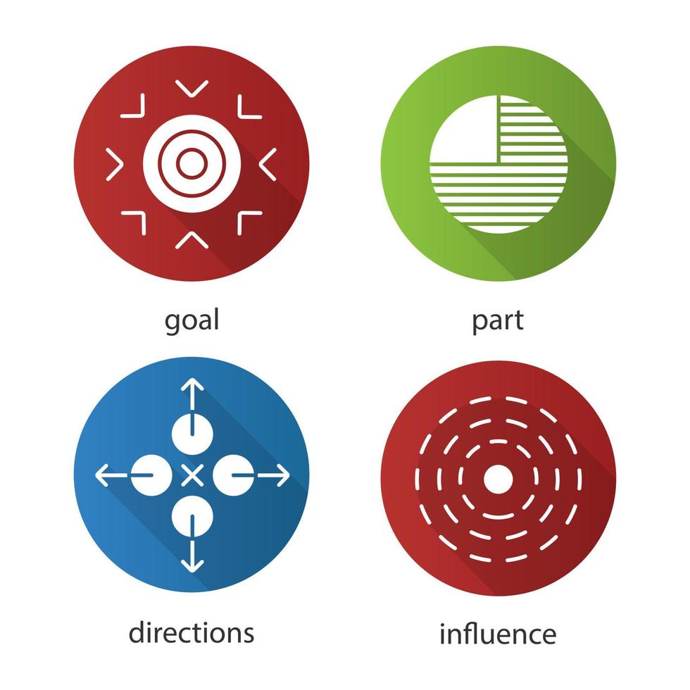 Abstract metaphors flat design long shadow icons set. Goal, part, directions, influence. Vector silhouette illustration