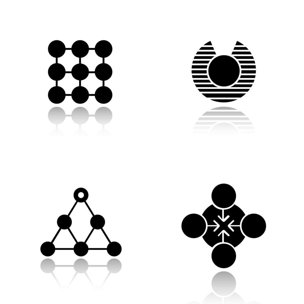 Abstract symbols drop shadow black icons set. Structure, vulnerability, hierarchy, concentration concepts. Isolated vector illustrations