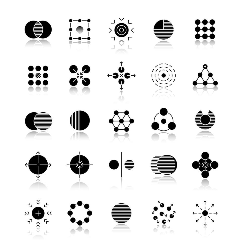 Abstract symbols drop shadow black icons set. Logo ideas for business, science, IT industries. Half, connections, sharing, expansion, opposite, movement, concentration. Isolated vector illustrations