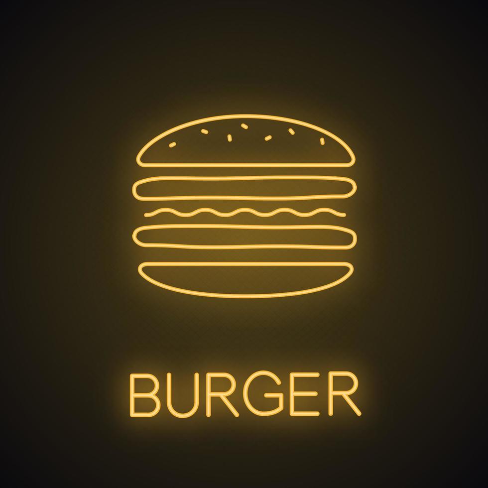 Burger cutaway neon light icon. Glowing sign. Sandwich. Hamburger assembly. Vector isolated illustration