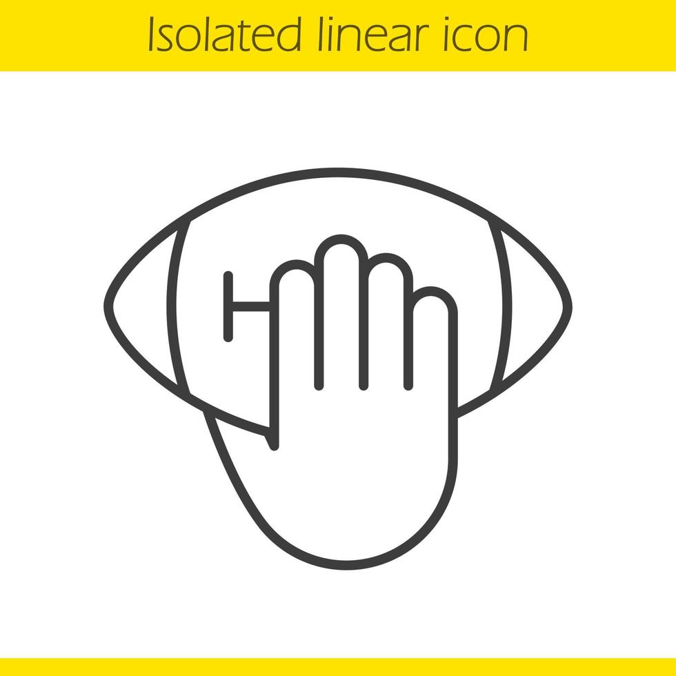 Hand throwing american football ball linear icon. Thin line illustration. Hand holding rugby ball contour symbol. Vector isolated outline drawing
