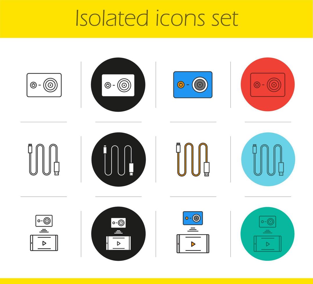 Action camera icons set. Linear, black and color styles. Mini USB cable, action camera to smartphone wireless connection. Isolated vector illustrations