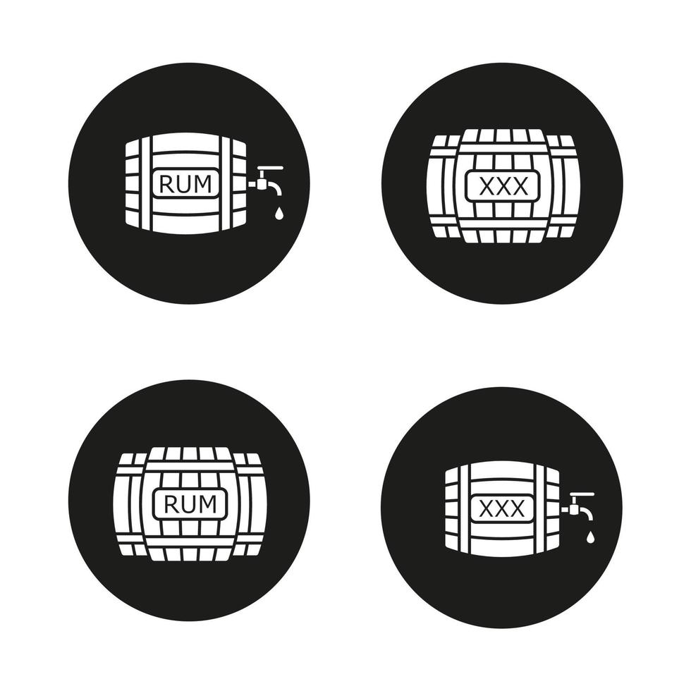 Alcohol wooden barrels icons set. Rum or whiskey wooden barrels with tap, drop and xxx sign. Vector white silhouettes illustrations in black circles