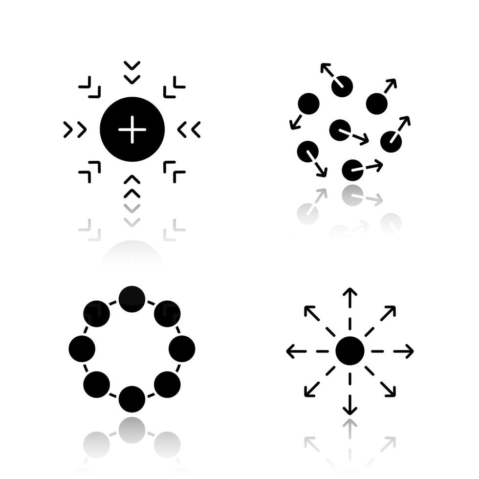 Abstract symbols drop shadow black icons set. Attraction, chaos, circle, spreading concepts. Isolated vector illustrations