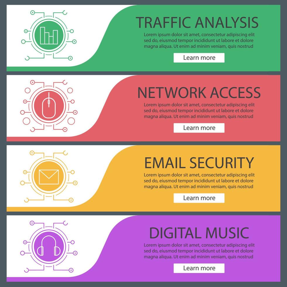 conjunto de plantillas de banner digital. diagrama, ratón de la computadora, carta de correo electrónico, auriculares. elementos del menú del sitio web con iconos lineales. banner web en color. conceptos de diseño de encabezados vectoriales vector