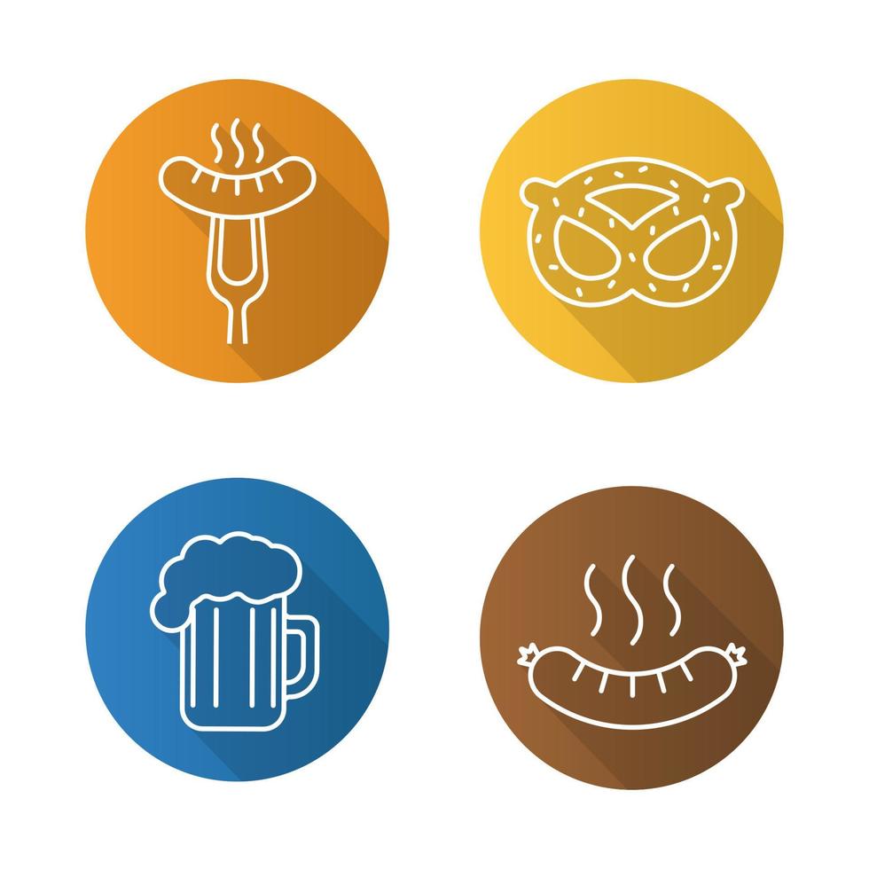 Beer snacks flat linear long shadow icons set. Steaming sausage on fork, bratwurst, brezel, foamy beer glass. Vector line symbols