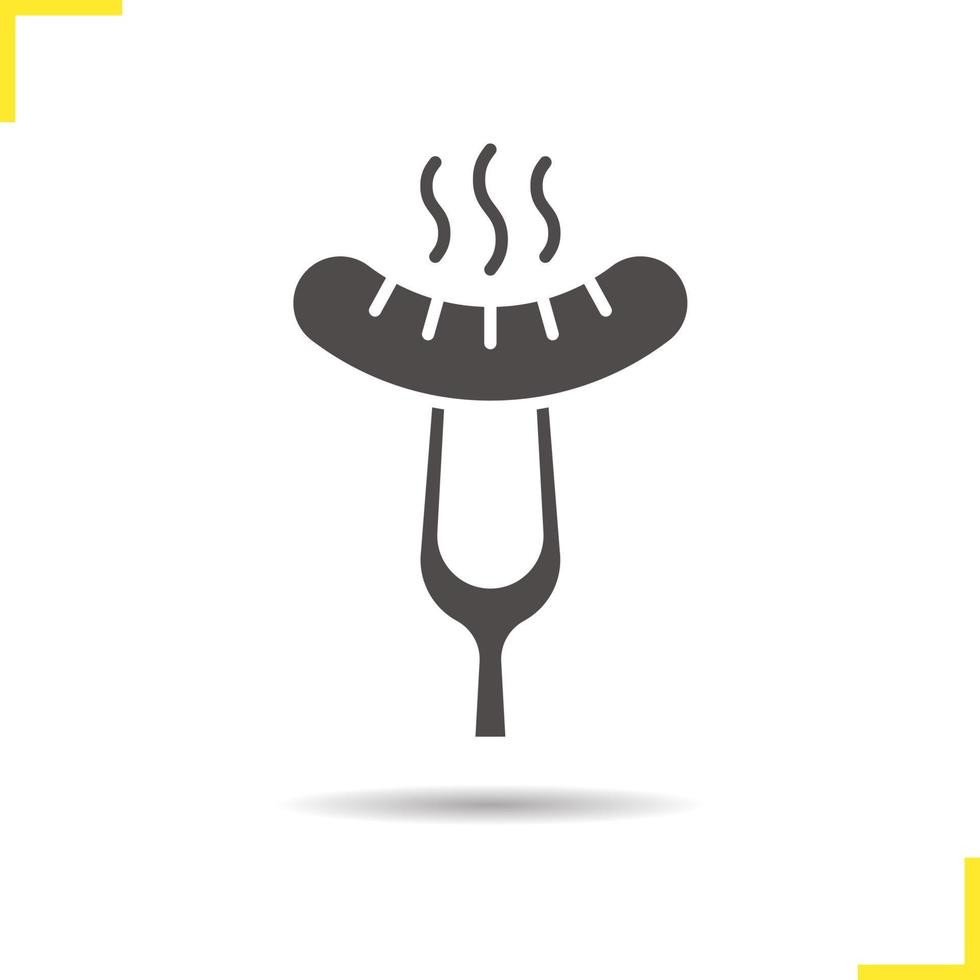 Sausage on fork glyph icon. Drop shadow silhouette symbol. Steaming bratwurst on carving fork. Negative space. Vector isolated illustration