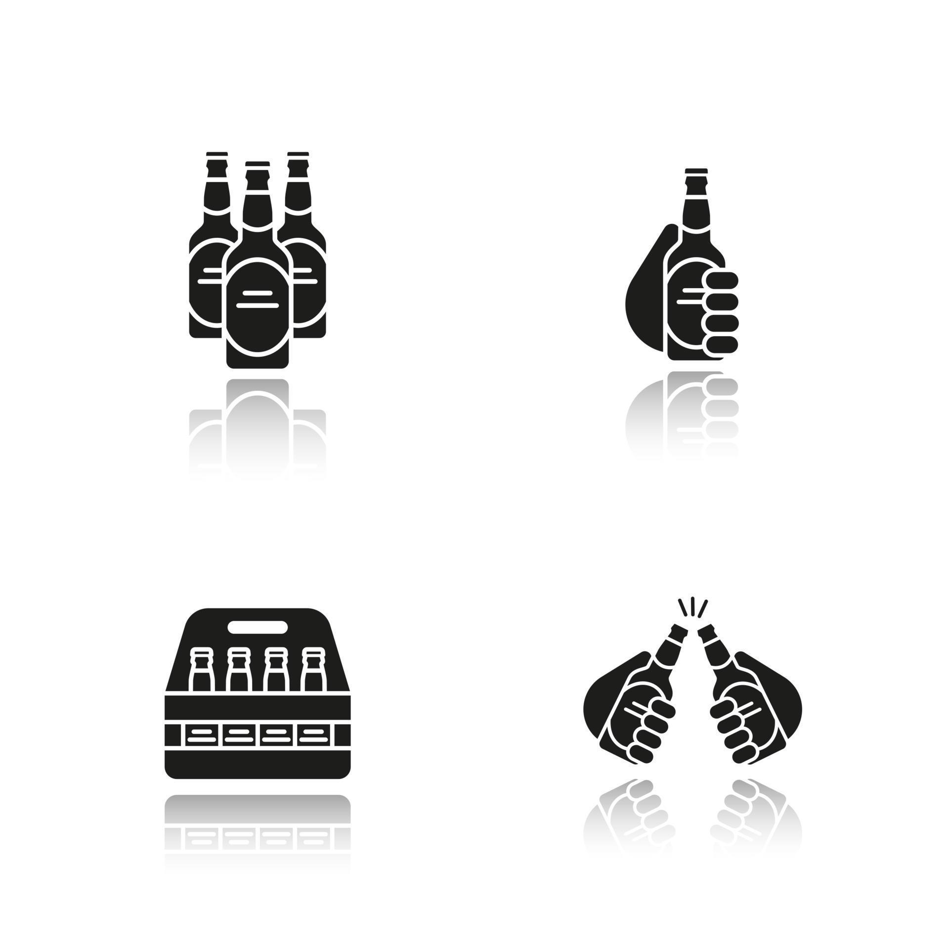 Beer drop shadow black icons set. Cheers, box, toasting hands with beer