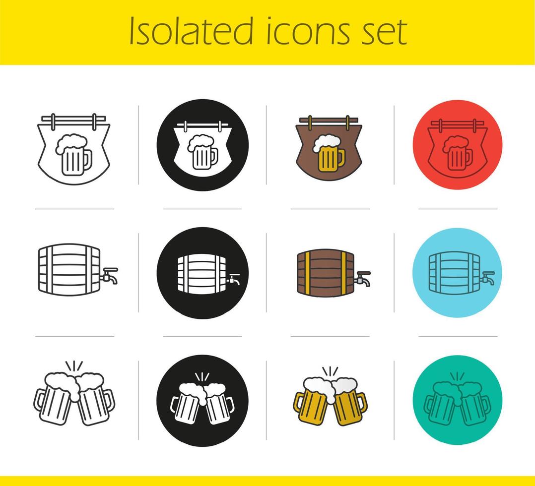 Beer pub icons set. Linear, black and color styles. Wooden alcohol barrel, pub signboard and toasting beer glasses. Isolated vector illustrations