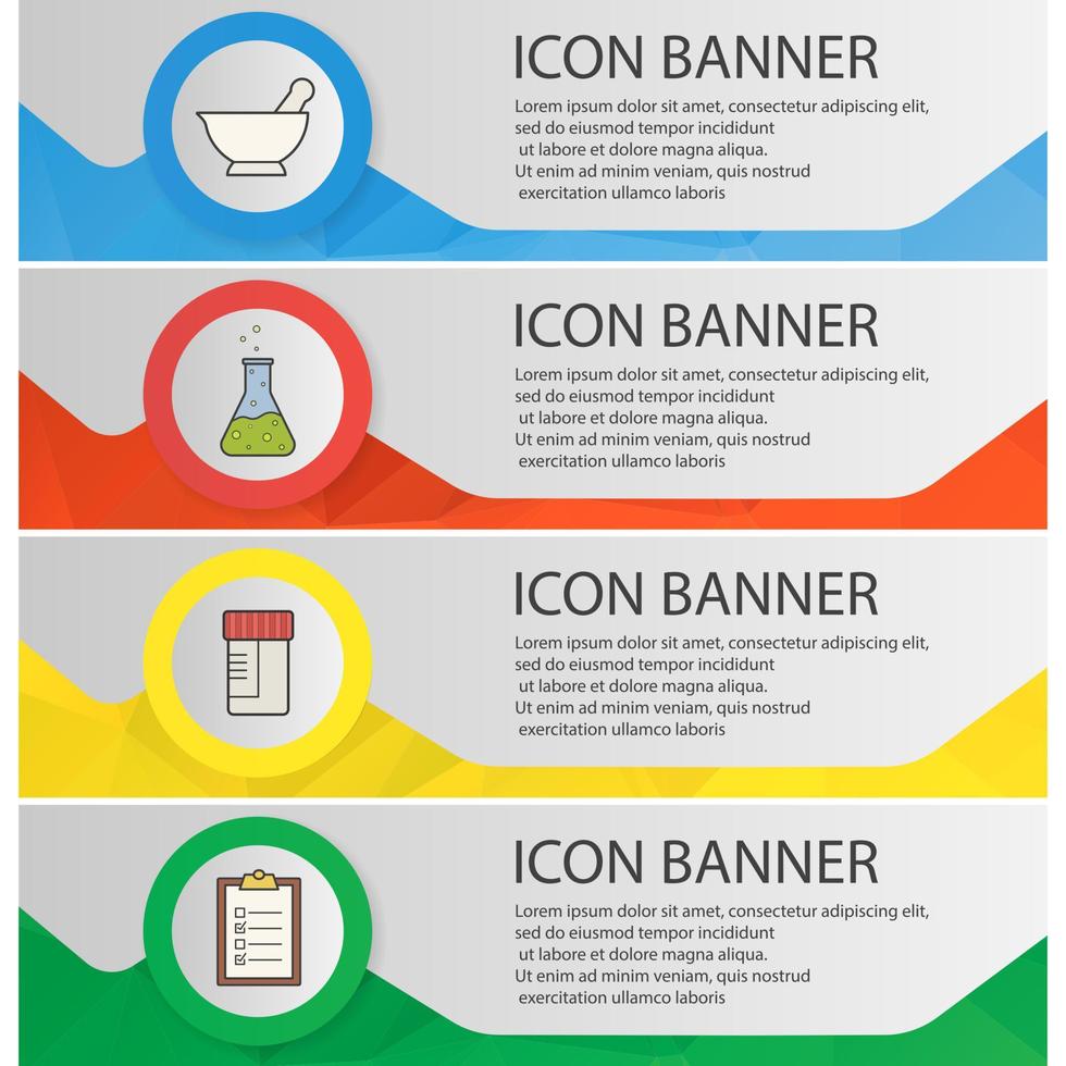 Conjunto de plantillas de banner de laboratorio químico. Frasco de pruebas médicas, mortero, reacción química, elementos del menú del sitio web de lista de verificación de prueba. conceptos de banner web poligonal de color. fondos vectoriales vector