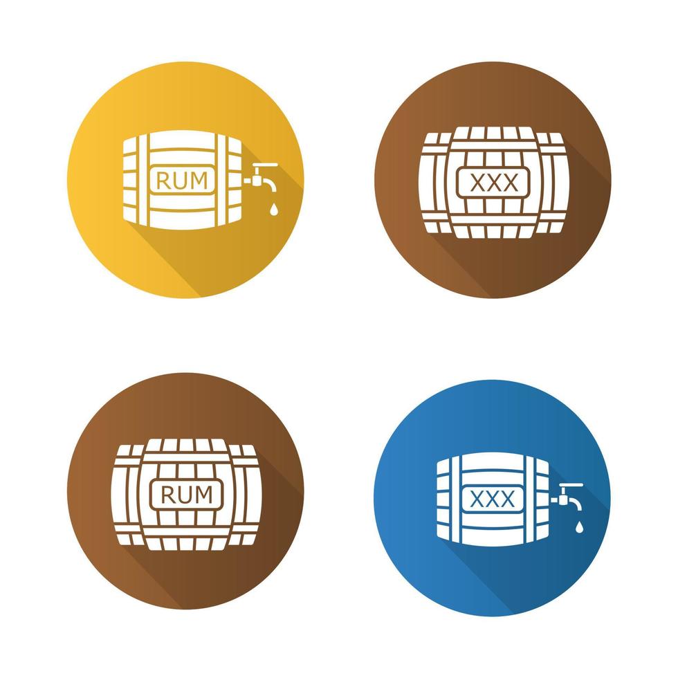 Conjunto de iconos de larga sombra de diseño plano de barriles de madera de alcohol. Barriles de madera de ron o whisky con grifo, gota y signo xxx. simbolos silueta vector