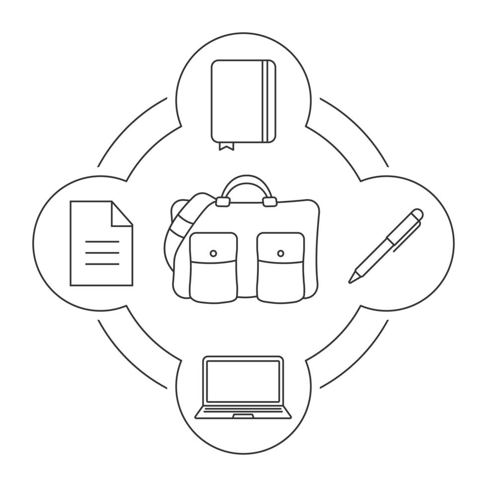 Businessman's handbag contents linear icons set. Business trip items. Document, laptop, notepad, pen. Isolated vector illustrations