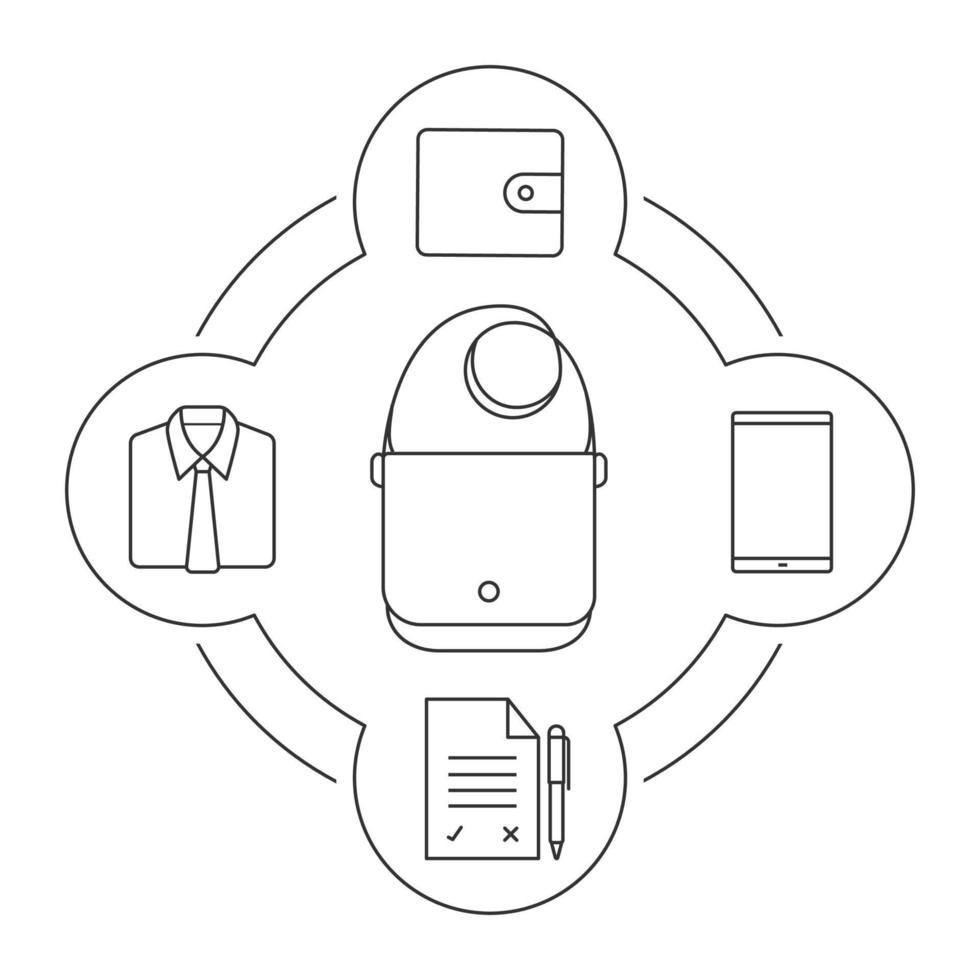 Businessman's bag contents linear icons set. Shirt and tie, document with pen, smartphone, wallet. Isolated vector illustrations