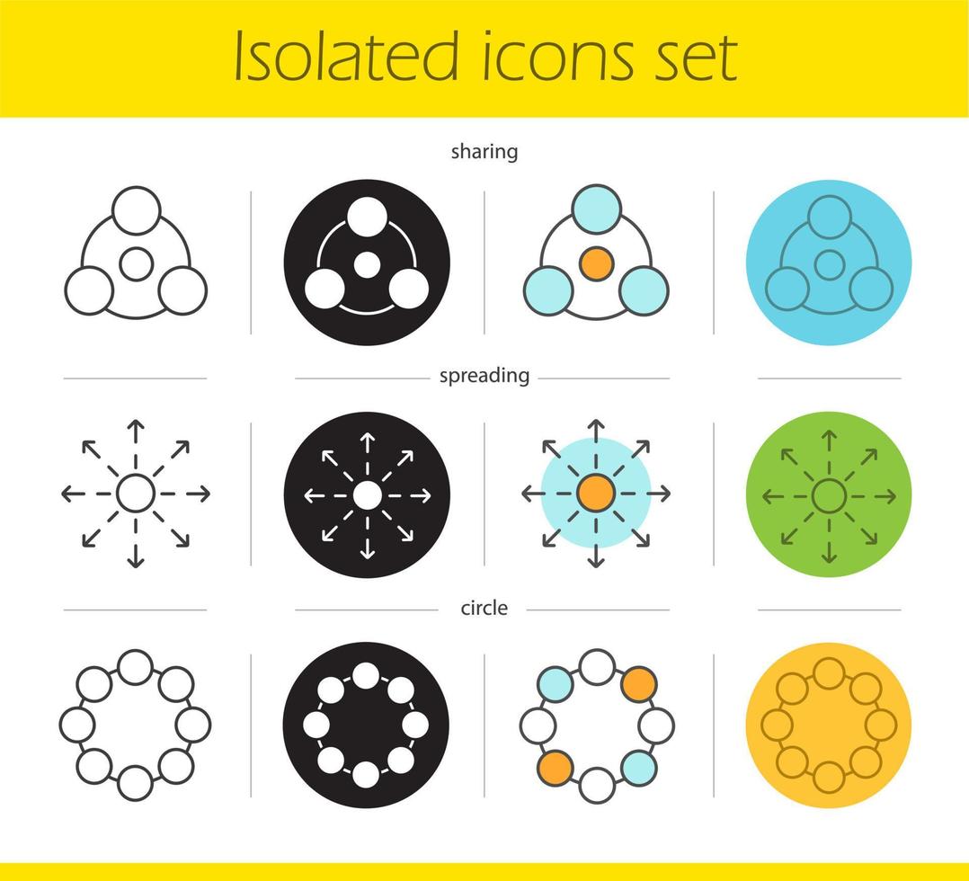 Abstract symbols icons set. Linear, black and color styles. Sharing, spreading, circle. Isolated vector illustrations