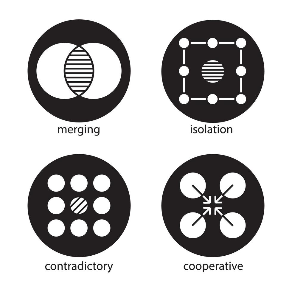 Abstract symbols icons set. Merging, isolation, contradictory, cooperative concepts. Vector white silhouettes illustrations in black circles