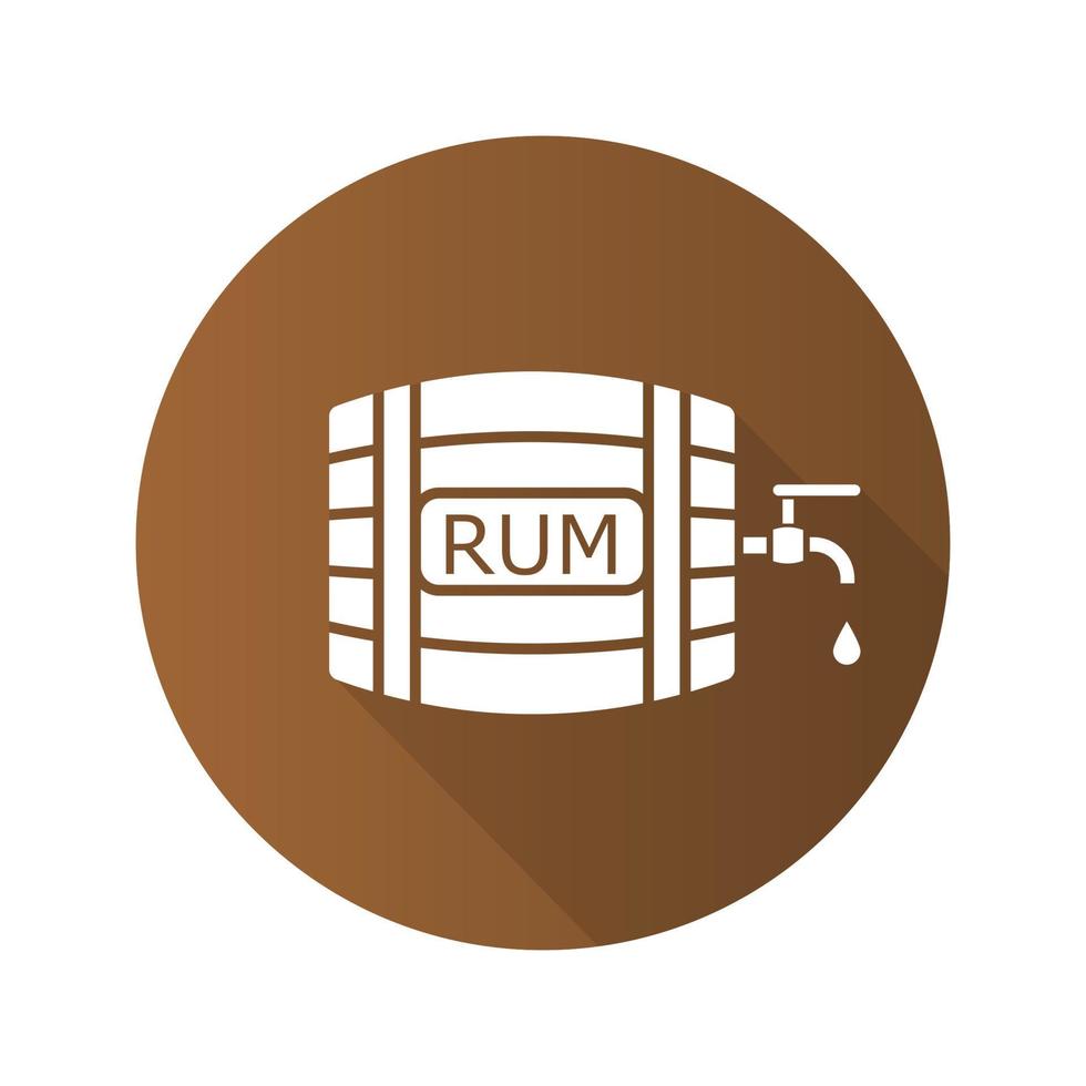 Rum wooden barrel. Flat design long shadow icon. Alcohol barrel with tap and drop. Vector silhouette symbol