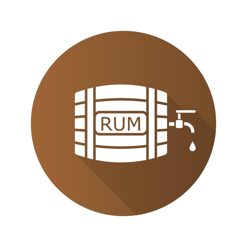 Rum wooden barrel. Flat design long shadow icon. Alcohol barrel with tap and drop. Vector silhouette symbol