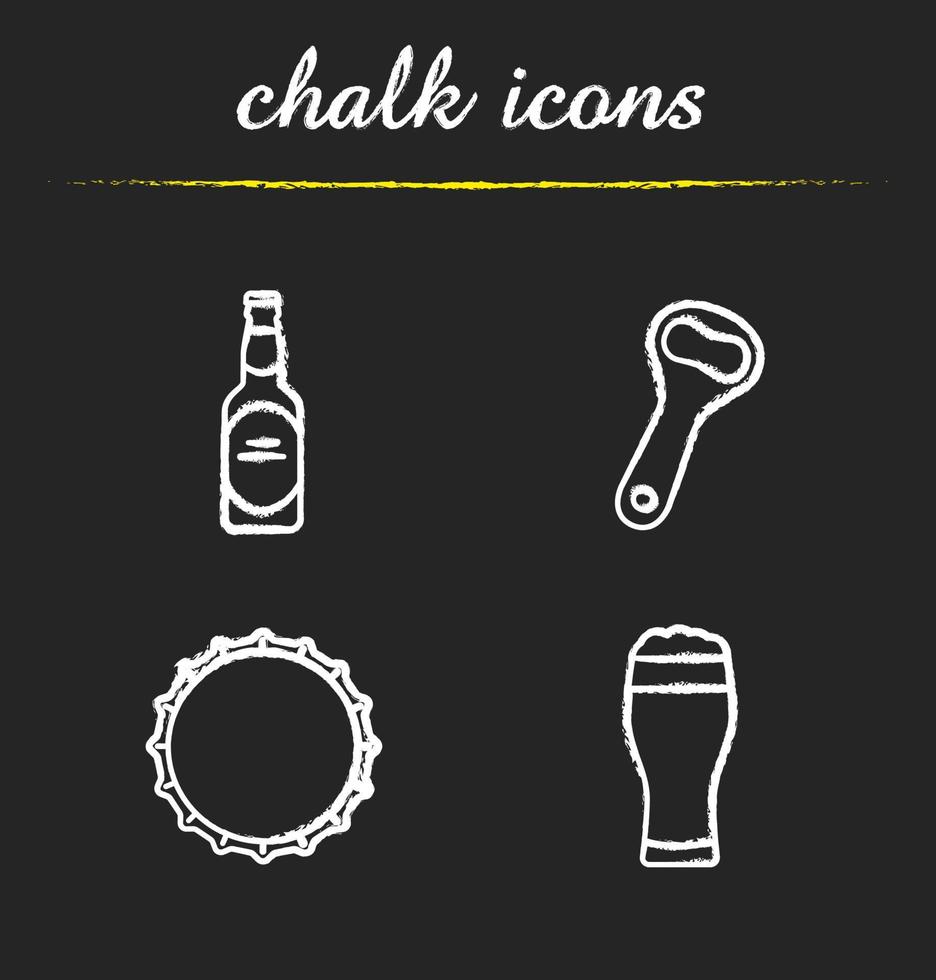 conjunto de iconos de tiza de cerveza. botella de cerveza, abridor, tapa y vaso lleno de espuma. ilustraciones de pizarra vector aislado