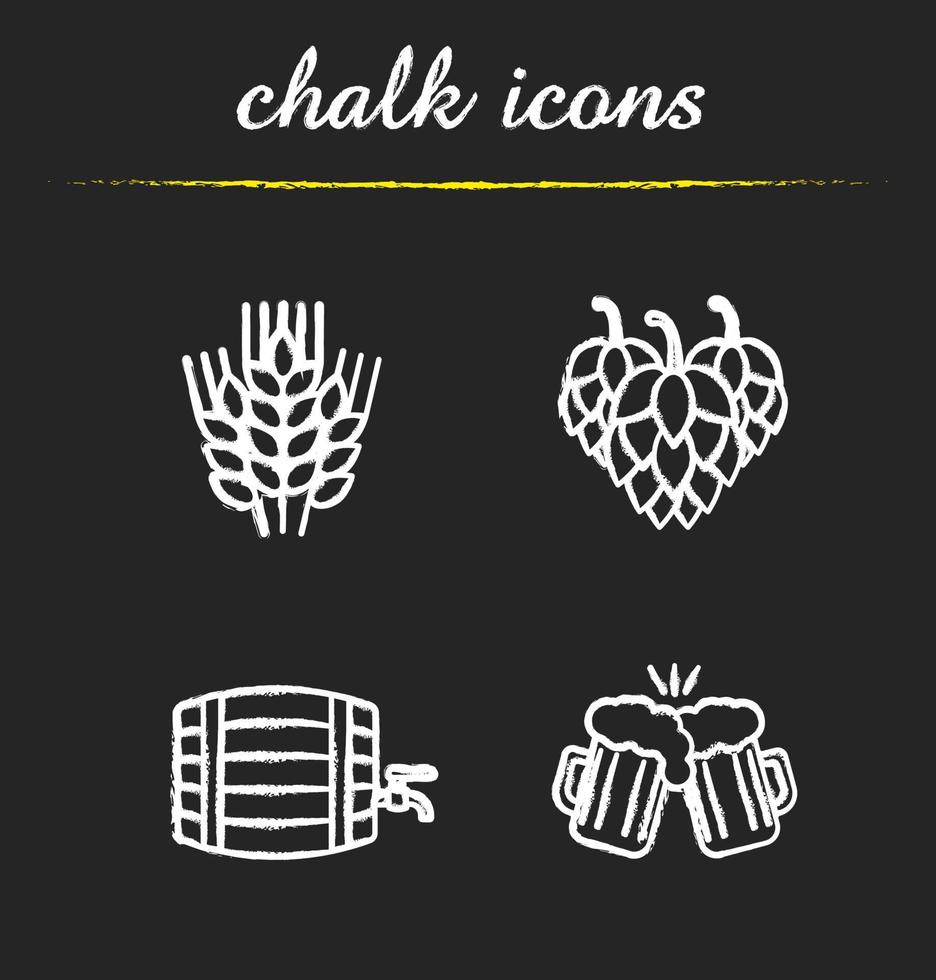 Beer chalk icons set. Hop cones, wheat ears, toasting beer glasses, alcohol wooden barrel. Isolated vector chalkboard illustrations