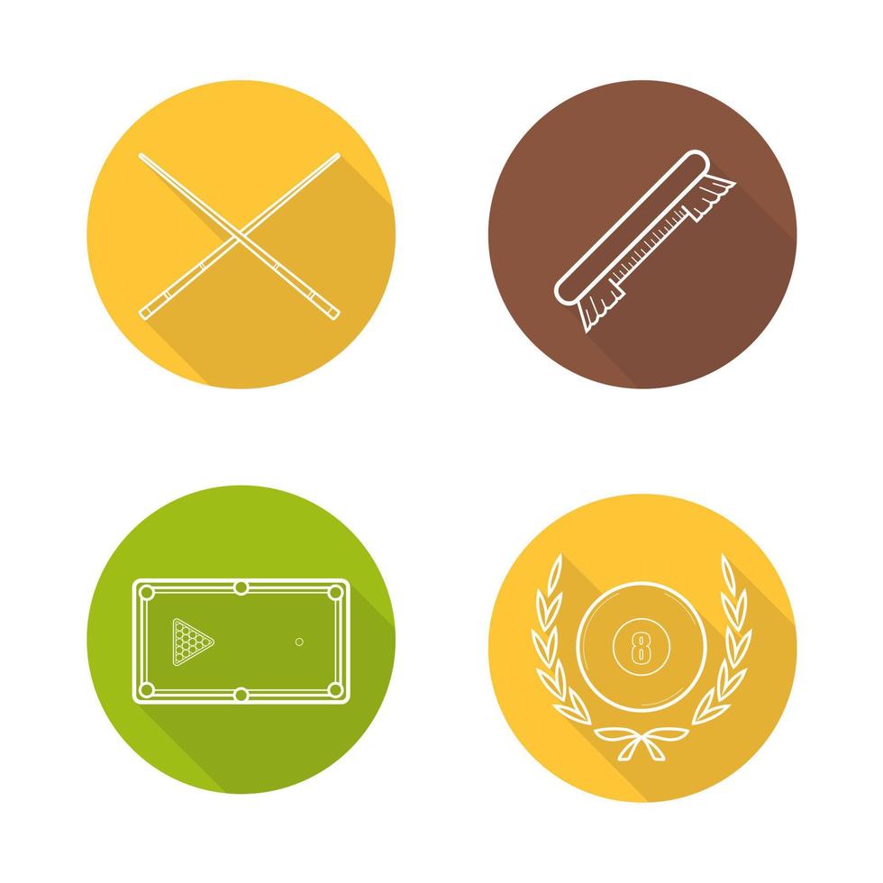 Billiard equipment flat linear long shadow icons set. Billiard brush, table with balls rack, crossed cues and eight ball in laurel wreath. Vector line illustration