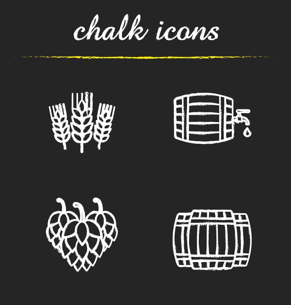 Beer chalk icons set. Alcohol wooden barrels, hop cones, wheat ears. Beer brewery isolated vector chalkboard illustrations