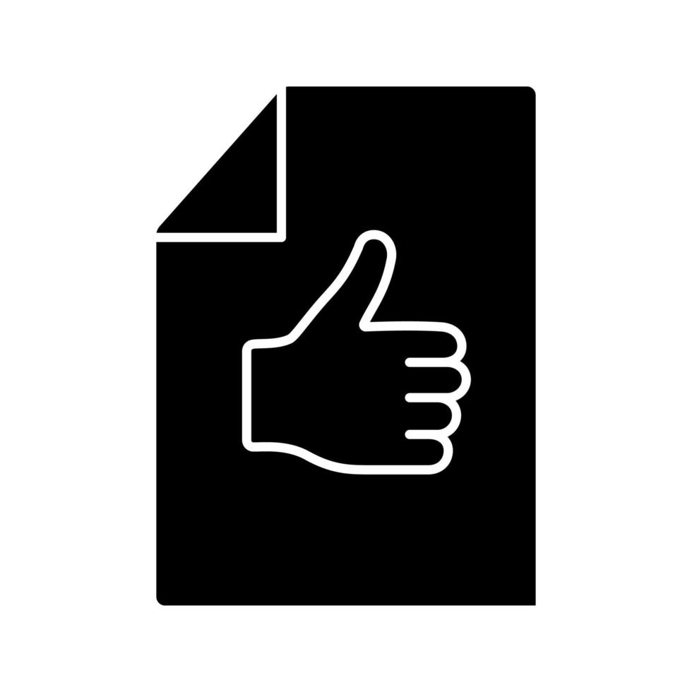 Approval document glyph icon. Best mark. Excellent review. Approval and like sign. Silhouette symbol. Negative space. Customer review. Paper sheet with thumbs up. Vector isolated illustration