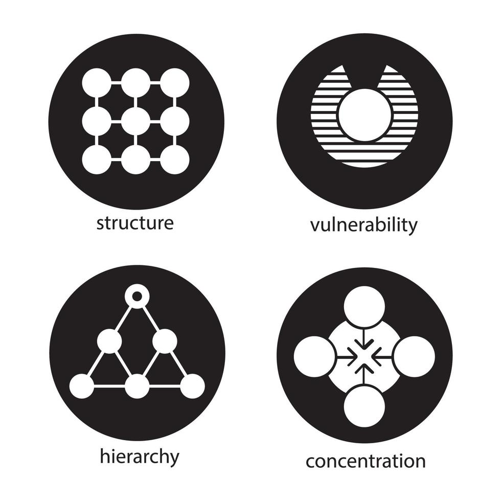 Abstract symbols icons set. Structure, vulnerability, hierarchy, concentration concepts. Vector white silhouettes illustrations in black circles