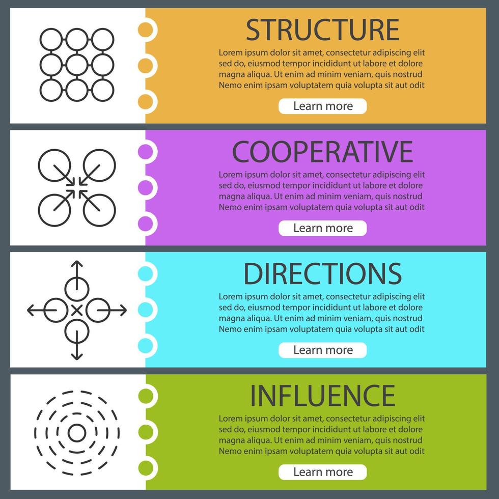 Abstract symbols banner templates set. Structure, cooperative, directions, influence. Website menu items with linear icons. Color web banner. Vector headers design concepts